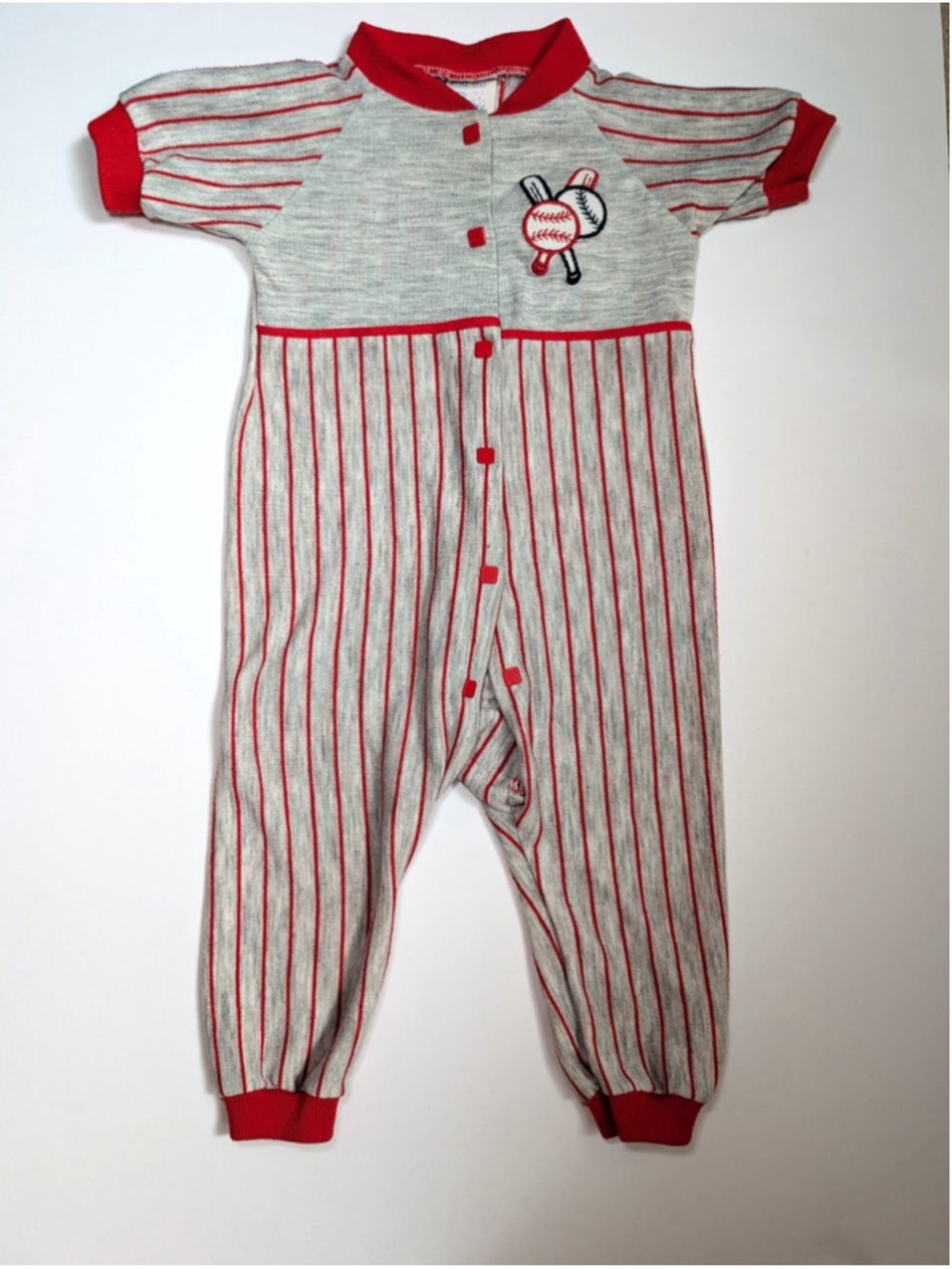 Vintage 80s/90s Baby Pinstripe Baseball One Piece Outfit 0-6 mo Snaps Red Gray